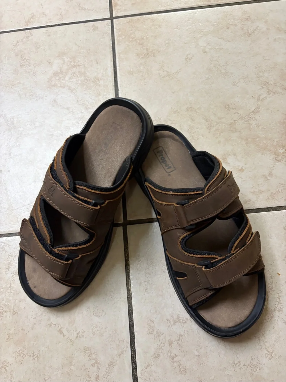 Propet Brown Men's Leather Double-Strap Slide Sandals